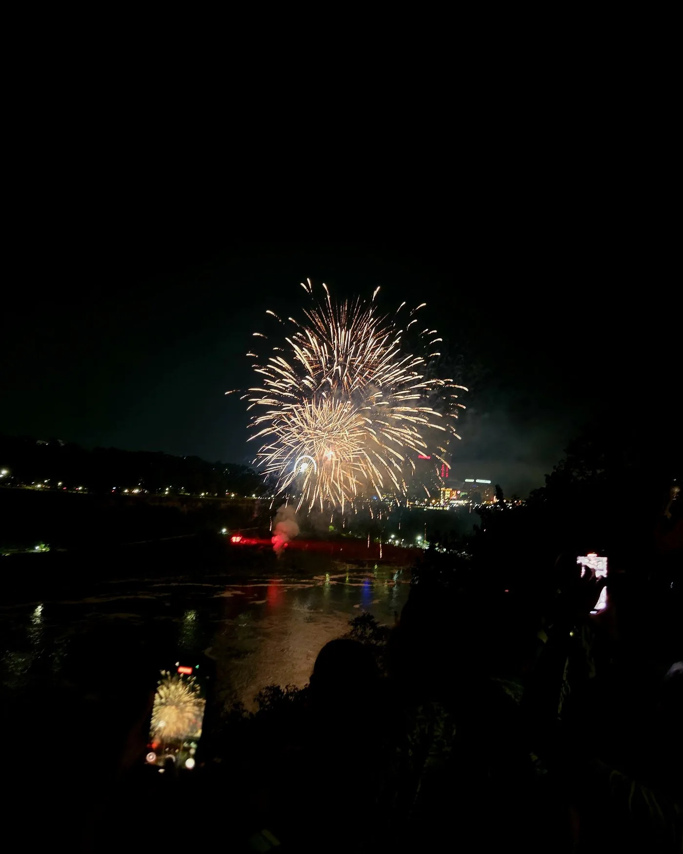 A firework bursting over dark water at night, with lights along the far shore.